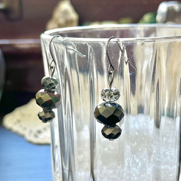 Handmade Glass Bead Earrings 1.5in Hooks Black Coated Beads Dark Silver Tone - Picture 1 of 14